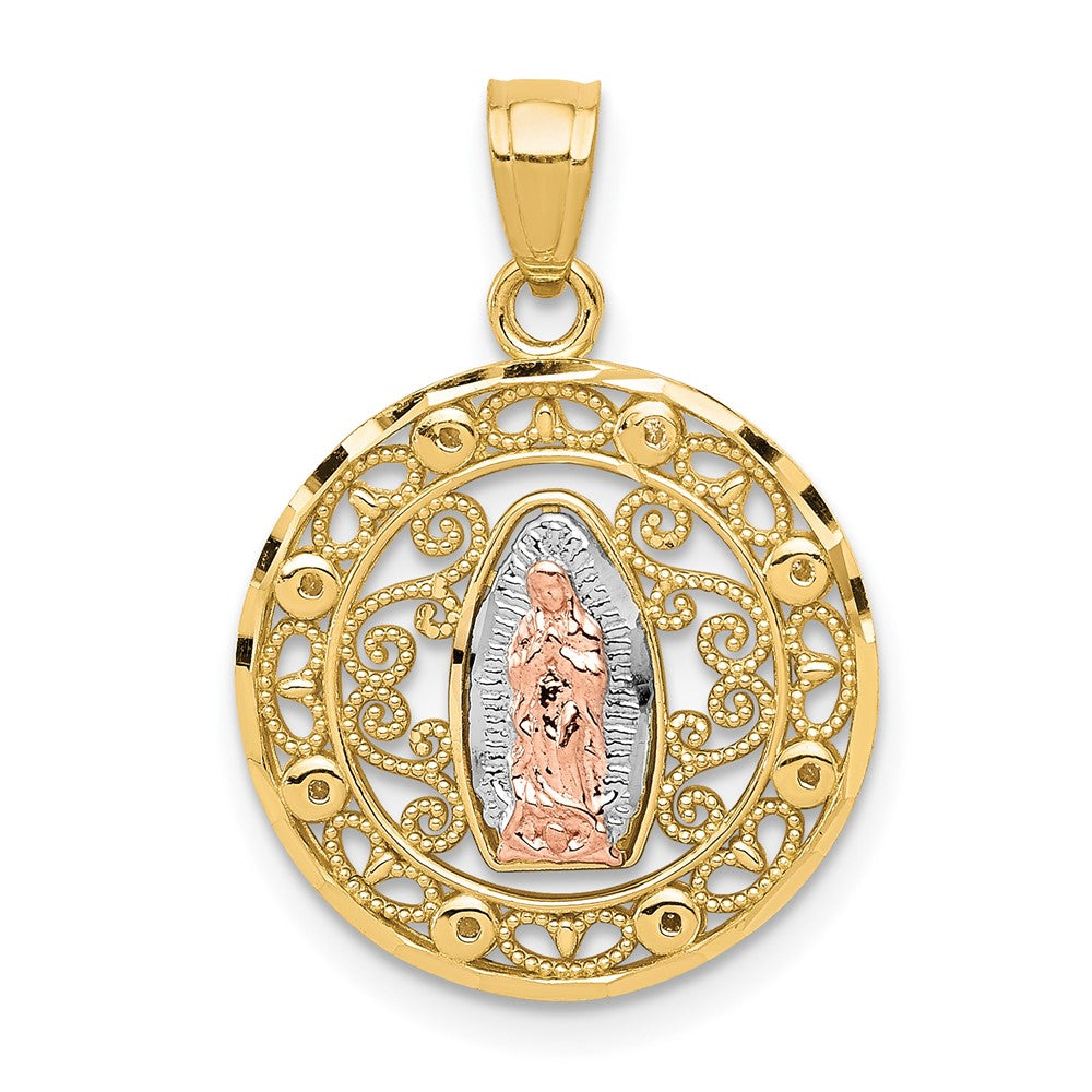 10k Two-tone and White Rhodium Round Our Lady of Guadalupe Pendant, 22 x 16 mm