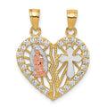 10k Two-tone and White Rhodium CZ Our Lady of Guadalupe / Cross Break-apart Heart Pendant, 25 x 19 mm