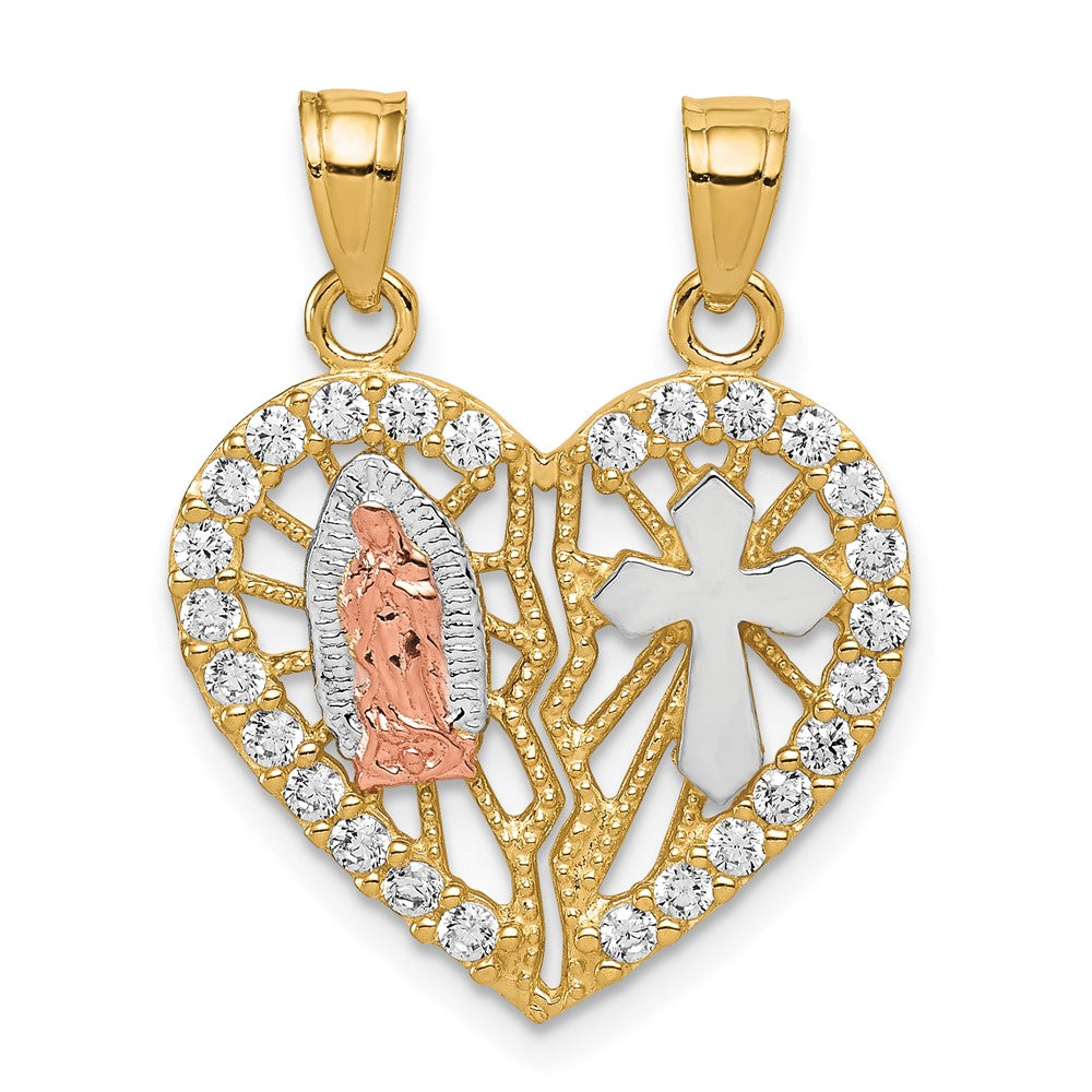 10k Two-tone and White Rhodium CZ Our Lady of Guadalupe / Cross Break-apart Heart Pendant, 25 x 19 mm