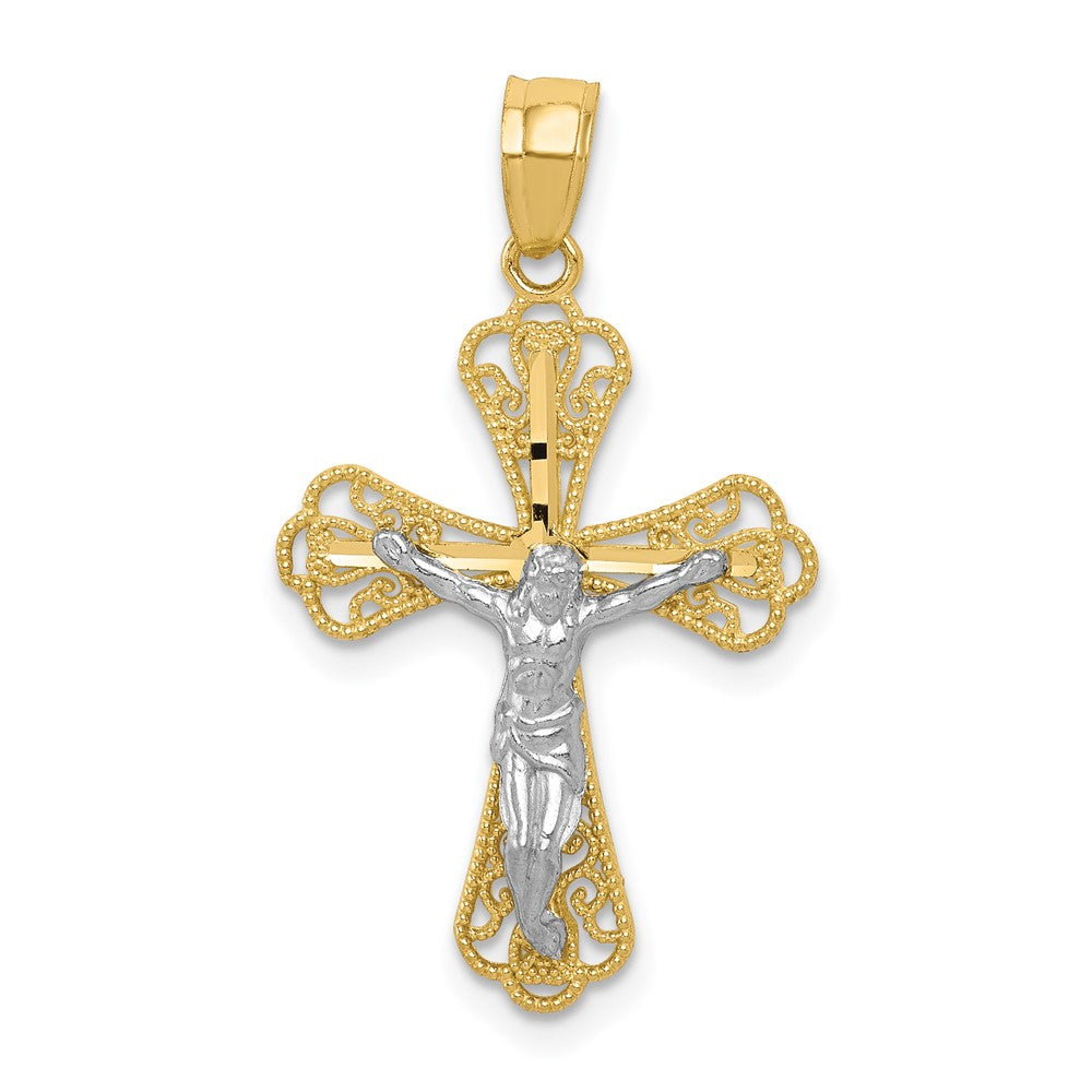 10K and White Rhodium Filigree Crucifix Pendant, 30 x 16 mm, 0.76 g