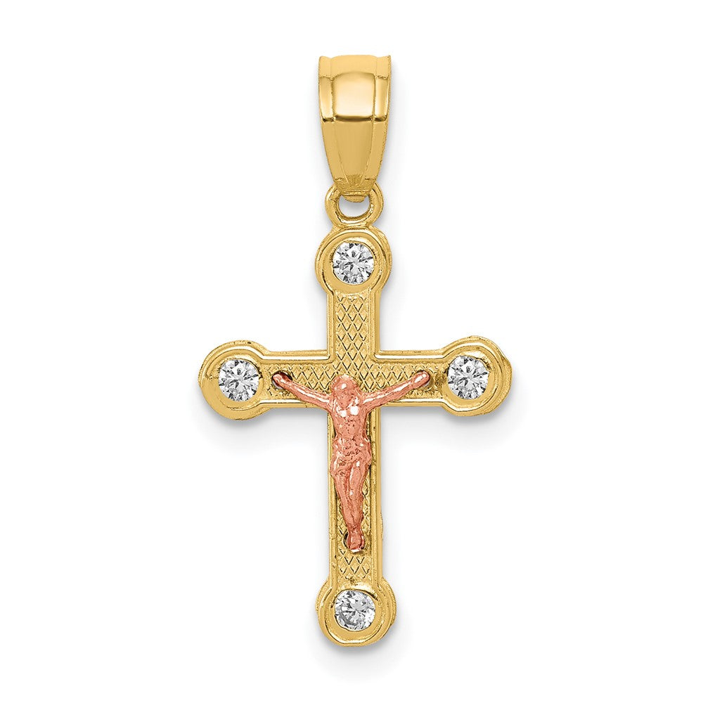 10k Two-tone Yellow and Rose Gold CZ Crucifix Pendant, 22 x 11 mm
