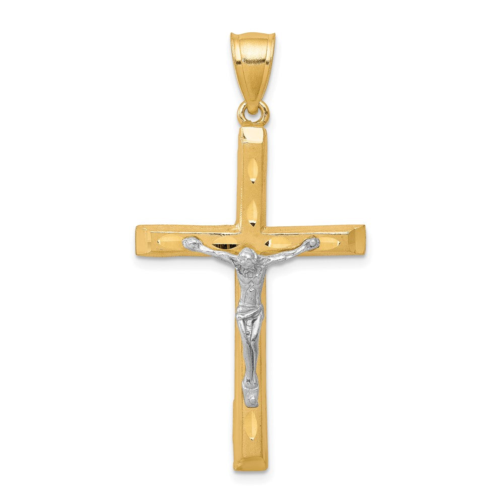 10K and White Rhodium Diamond-Cut Crucifix Pendant, 45 x 21 mm