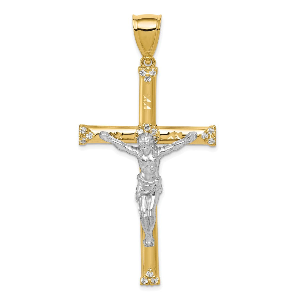 10K and White Rhodium CZ Large Crucifix Pendant, 60 x 31 mm