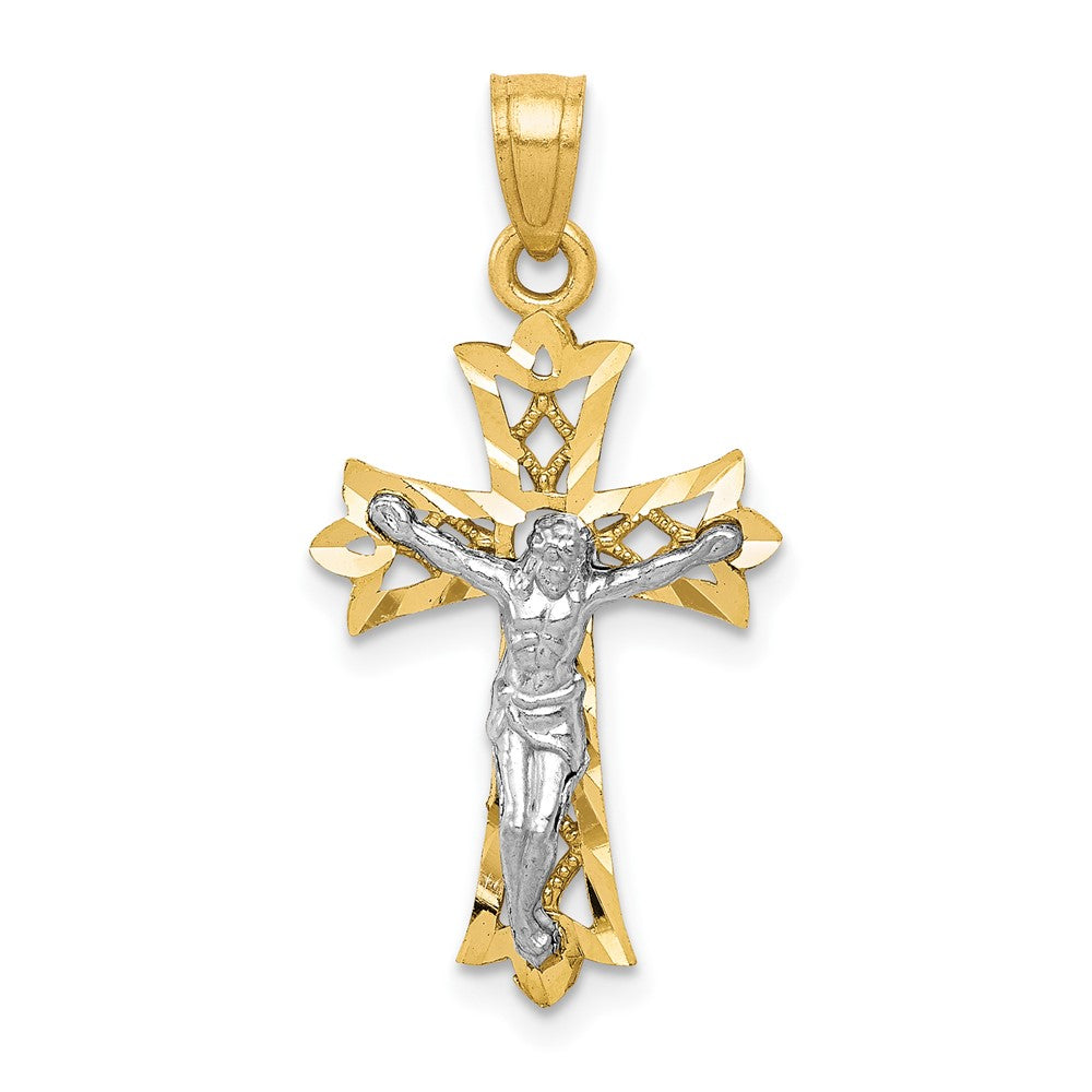 10K and White Rhodium Filigree Crucifix Pendant, 25 x 14 mm, 0.9 g