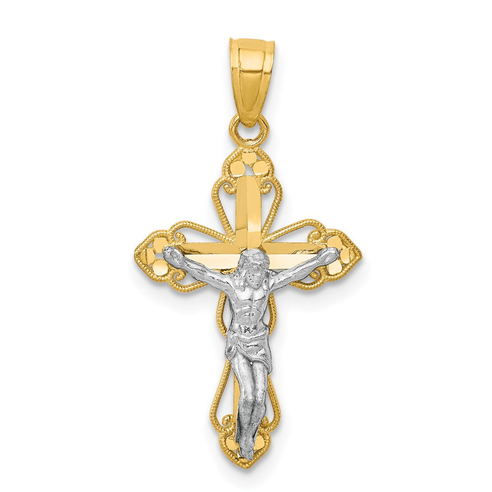 10K and White Rhodium Filigree Crucifix Pendant, 25 x 14 mm, 0.71 g