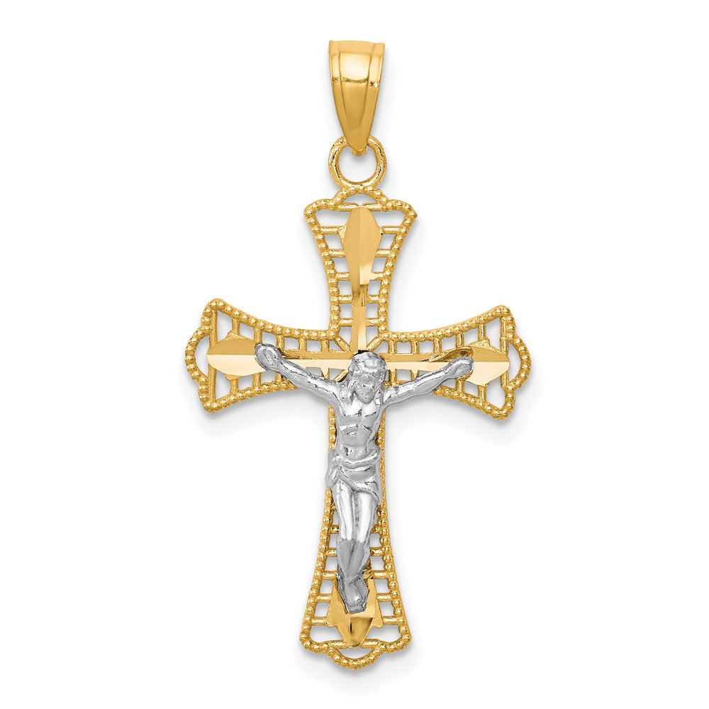 10K and White Rhodium Diamond-Cut Crucifix Pendant, 30 x 16 mm