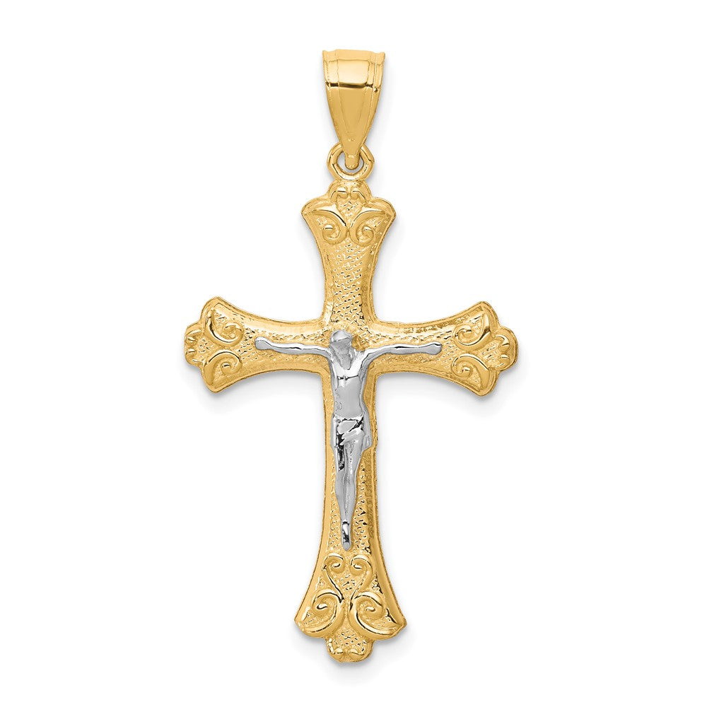 10K and White Rhodium Fleur De Lis Crucifix Pendant, 35 x 21 mm
