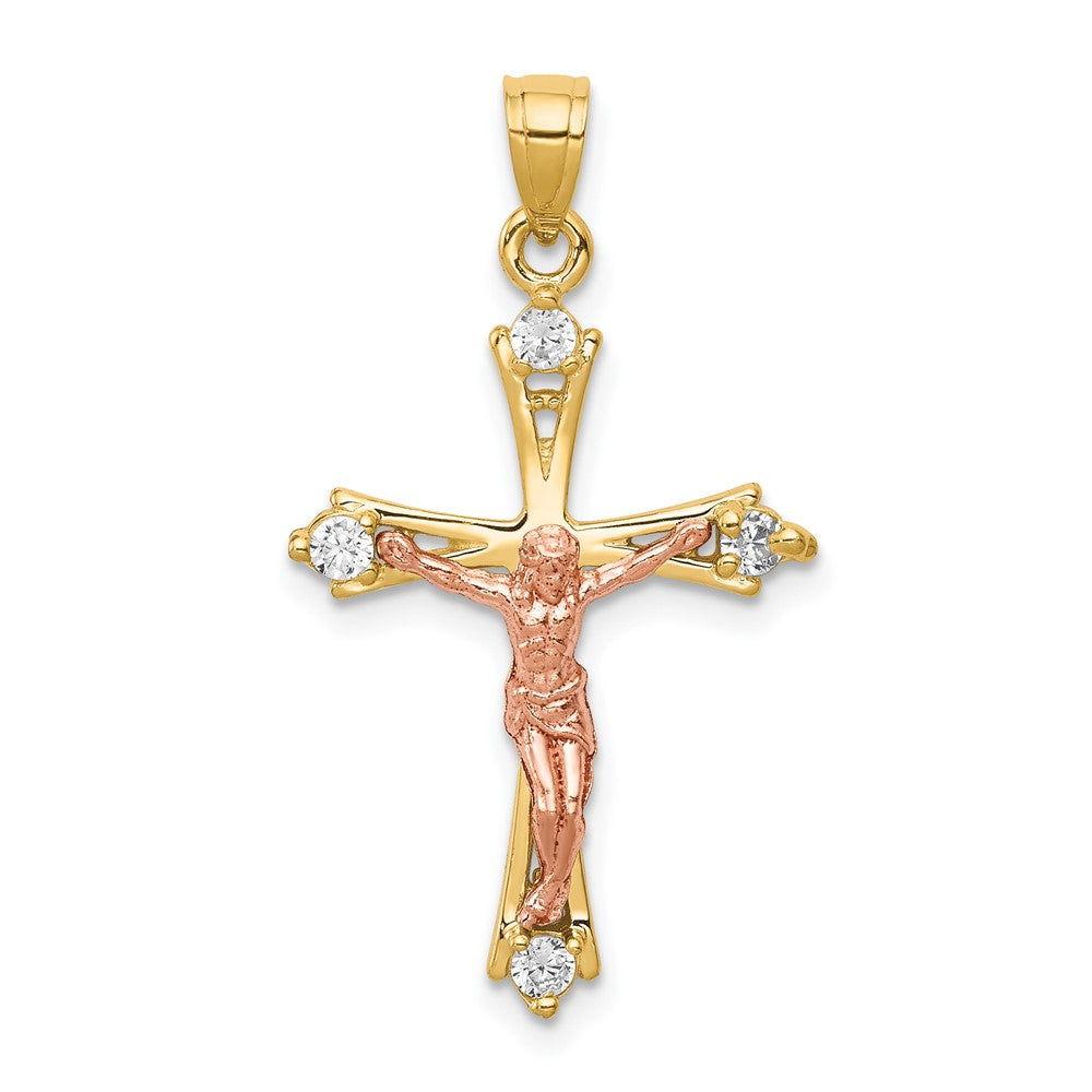 10k Two-tone CZ Crucifix Pendant, 30 x 16 mm