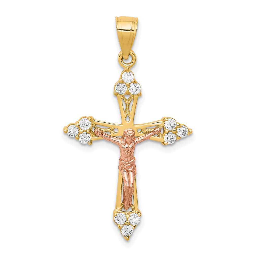 10k Two-tone CZ Crucifix Pendant, 35 x 21 mm