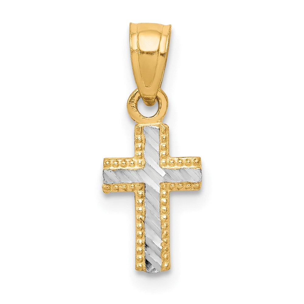 10K and White Rhodium Tiny Diamond-Cut Cross Pendant, 18 x 7 mm