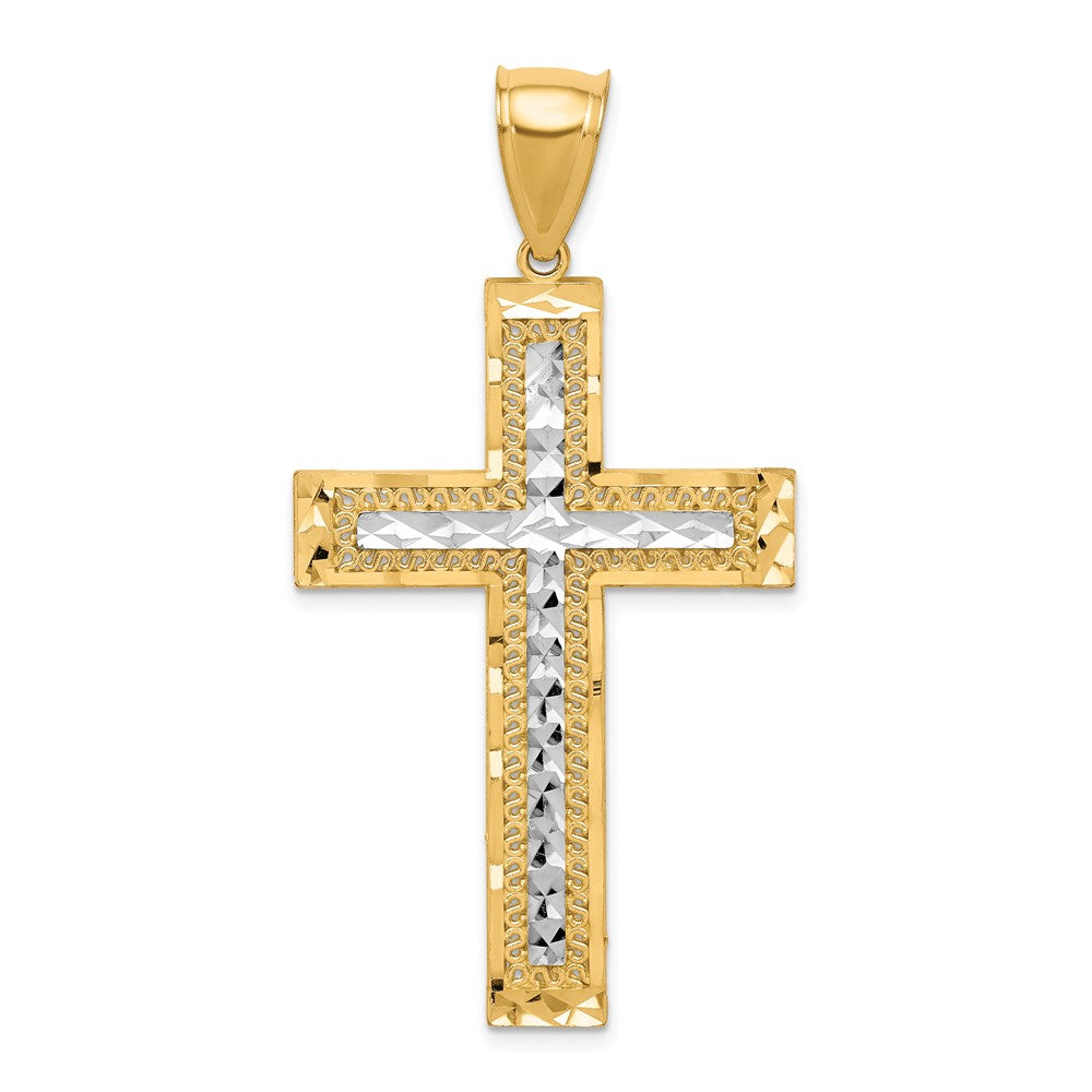 10K and White Rhodium Large Diamond-Cut Cross Pendant, 55 x 28 mm