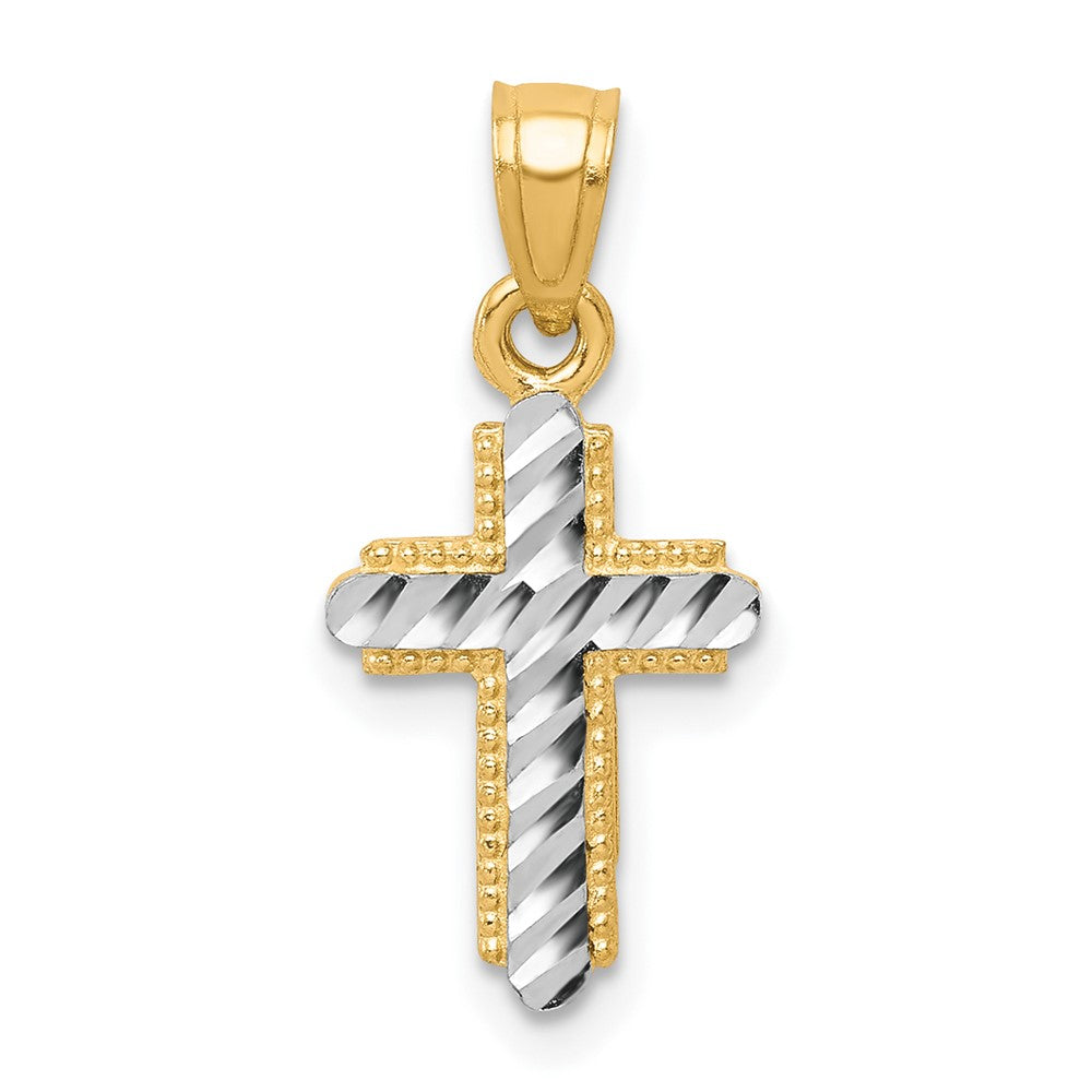 10K and White Rhodium Diamond-Cut Cross Pendant, 20 x 11 mm