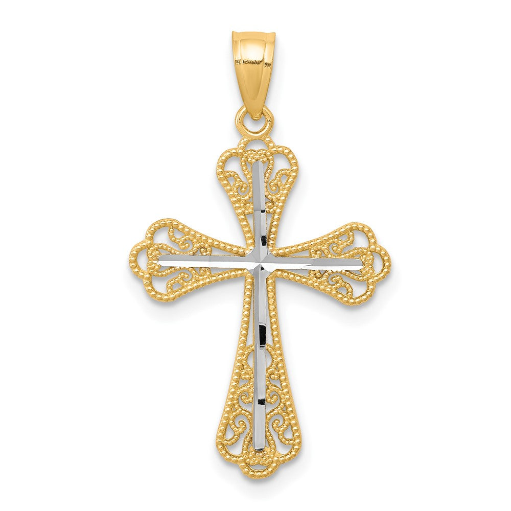 10K and White Rhodium Diamond-Cut Cross Pendant, 30 x 16 mm, 0.69 g