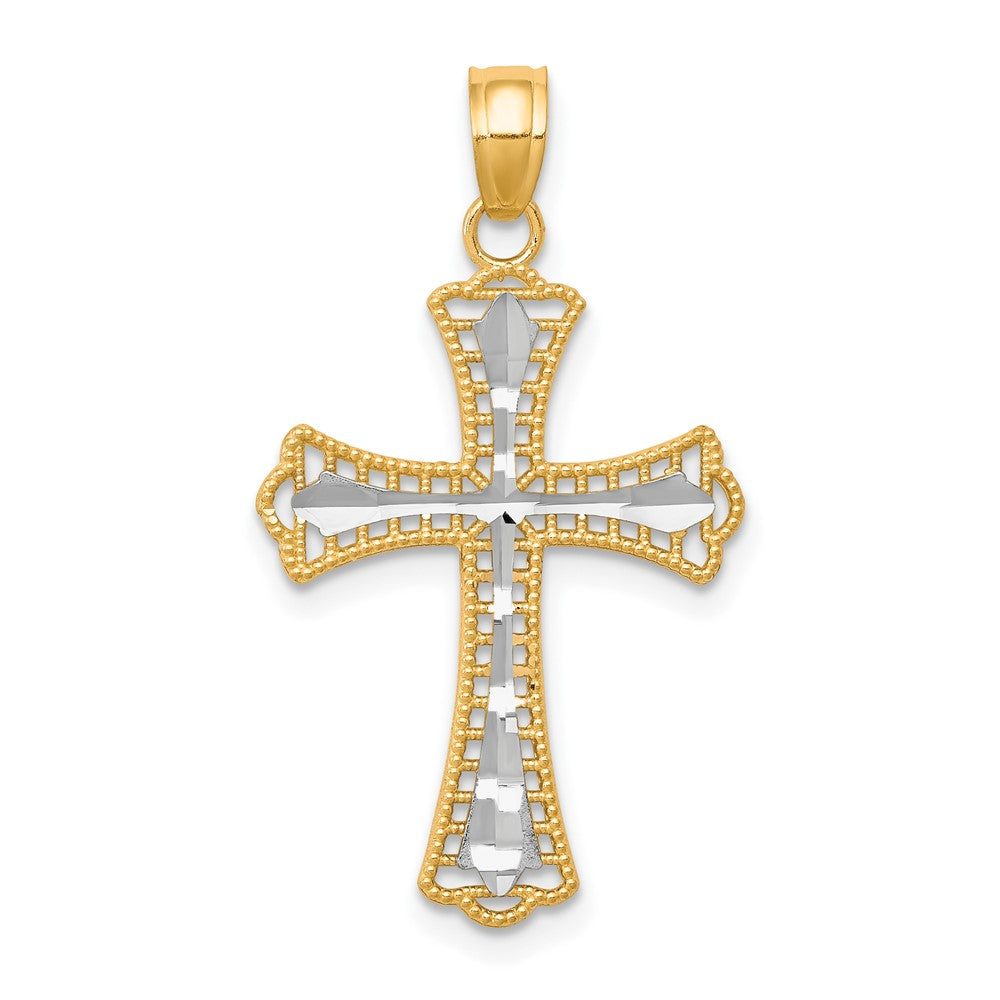 10K w/ Rhodium Diamond-Cut Cross Pendant, 30 x 16 mm