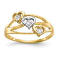 10K and White Rhodium Triple Heart 3-Stone CZ Ring, Size 6