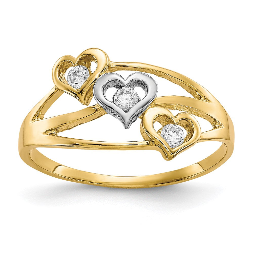 10K and White Rhodium Triple Heart 3-Stone CZ Ring, Size 6