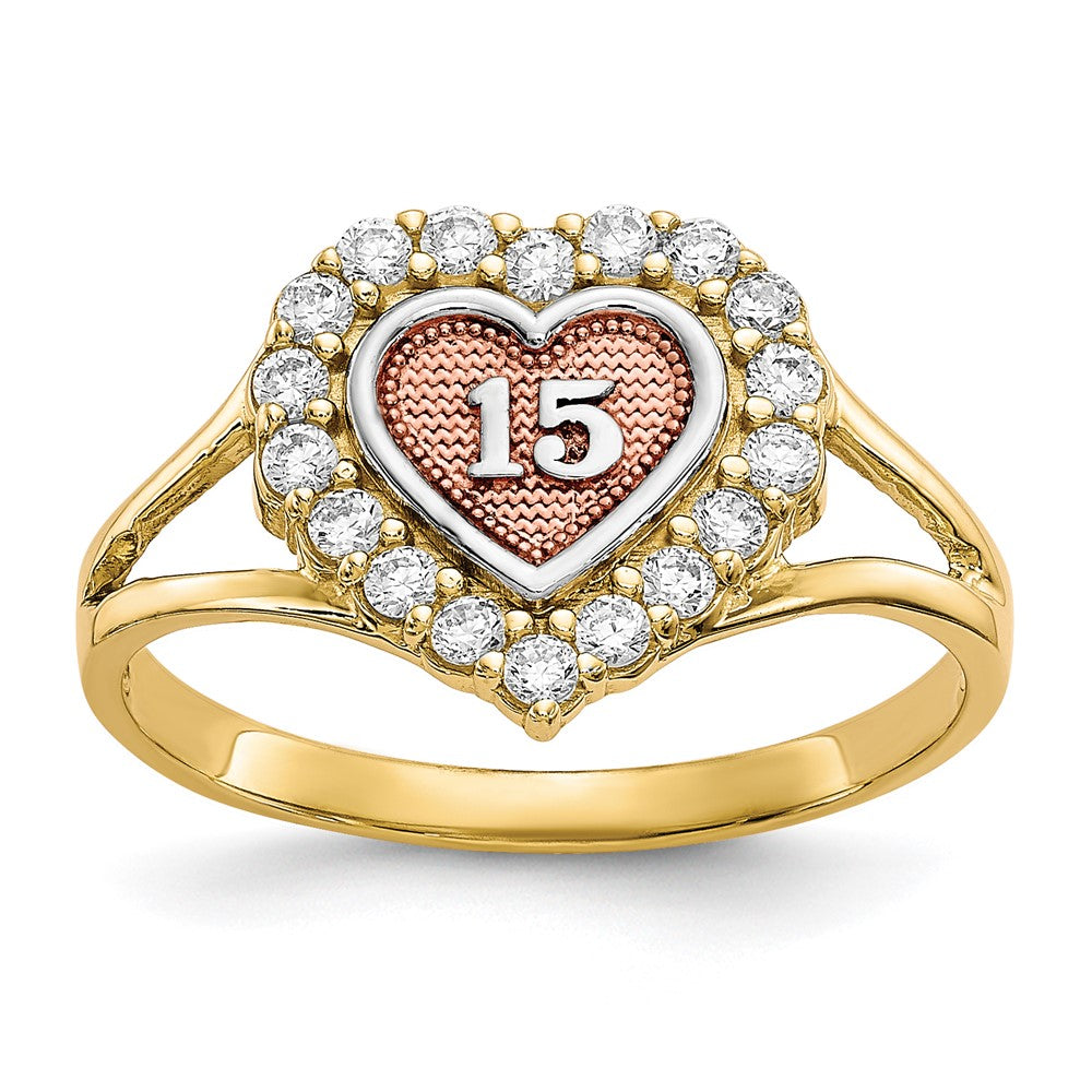 10k Two-tone with White Rhodium 15 Heart CZ Halo Ring, Size 6
