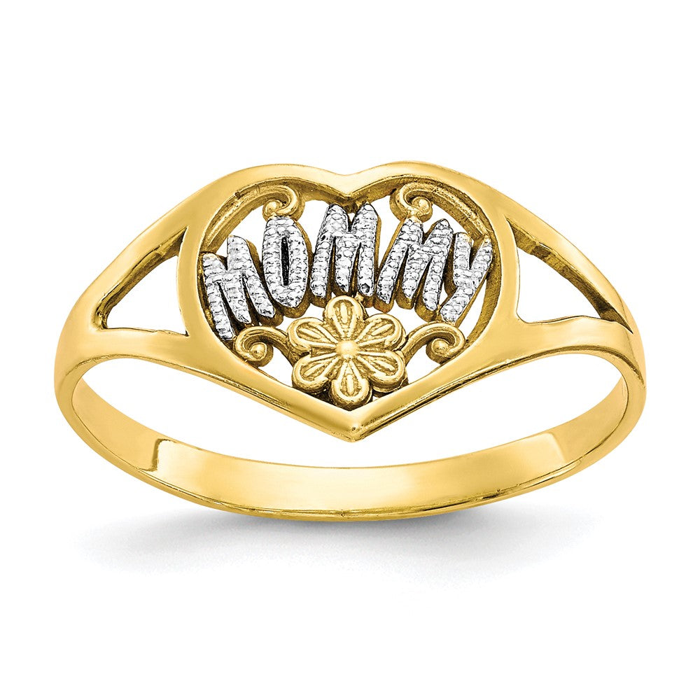 10K and White Rhodium MOMMY with Flower Heart Ring, Size 7