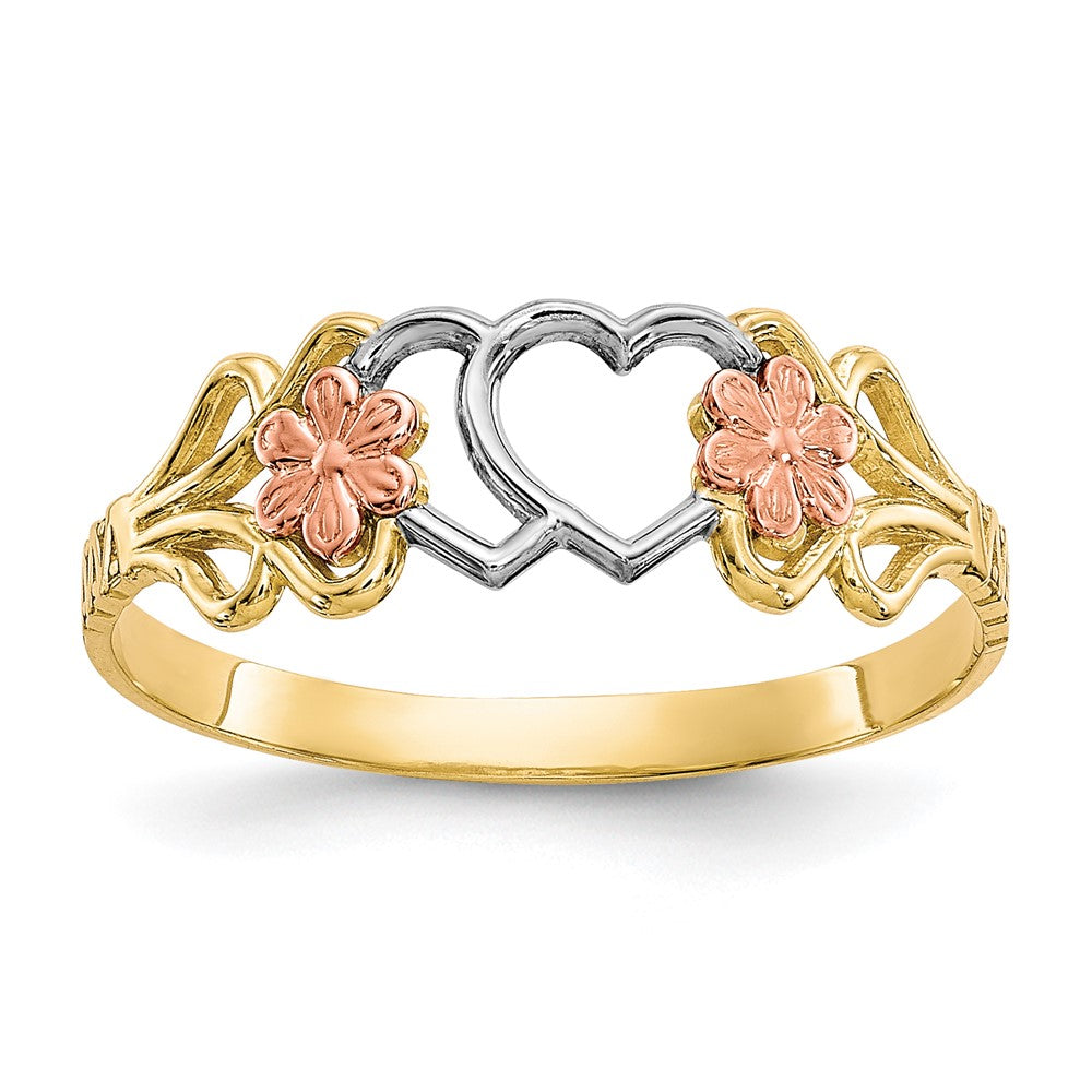 10K Two-Tone and White Rhodium Double Heart and Flowers Ring, Size 7