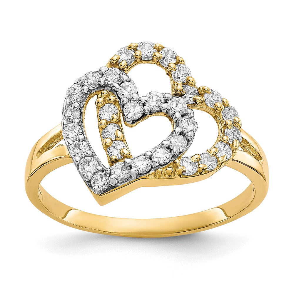 10K and White Rhodium Double Heart CZ Ring, Size 6, 1.79 g