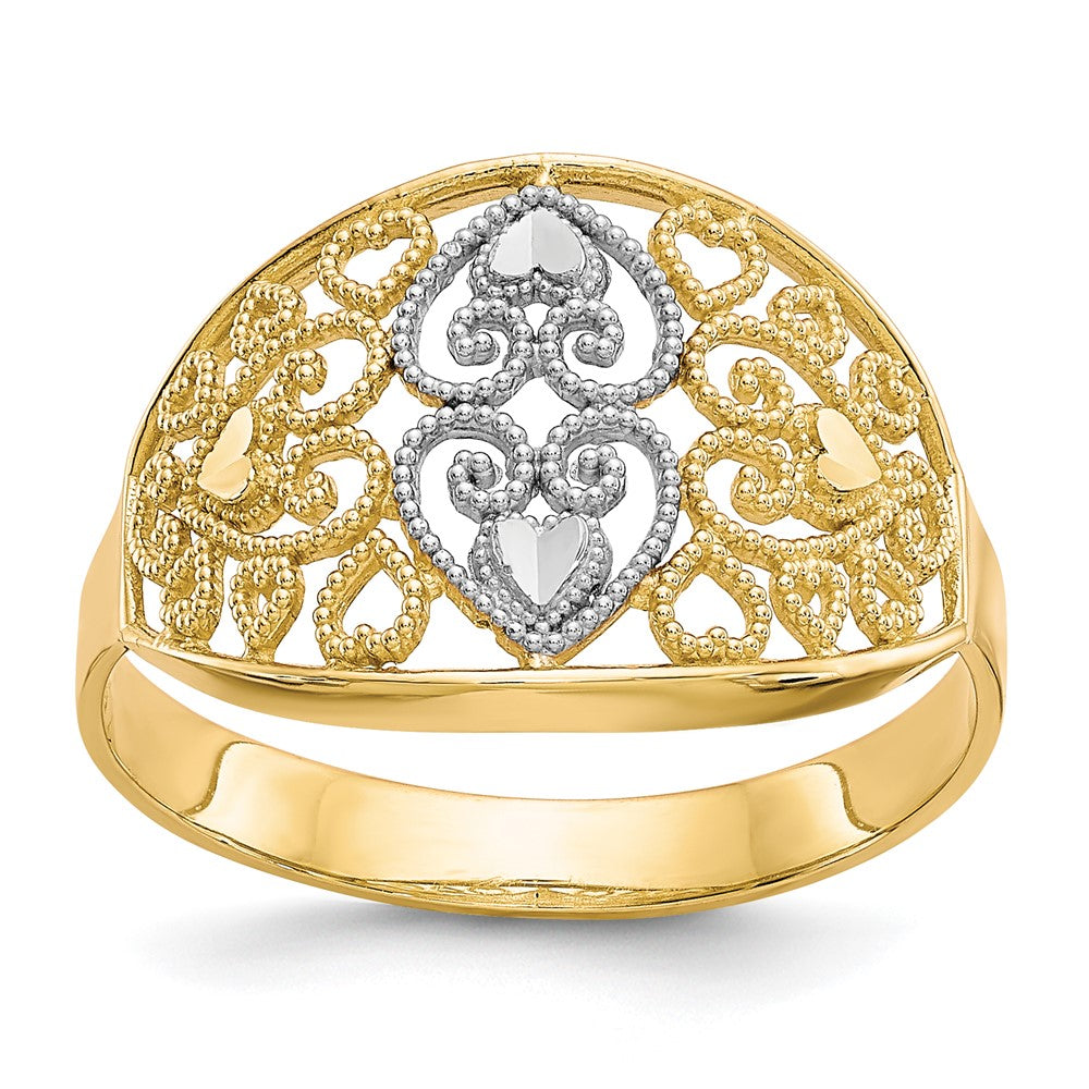 10K and White Rhodium Filigree Heart Ring, Size 6