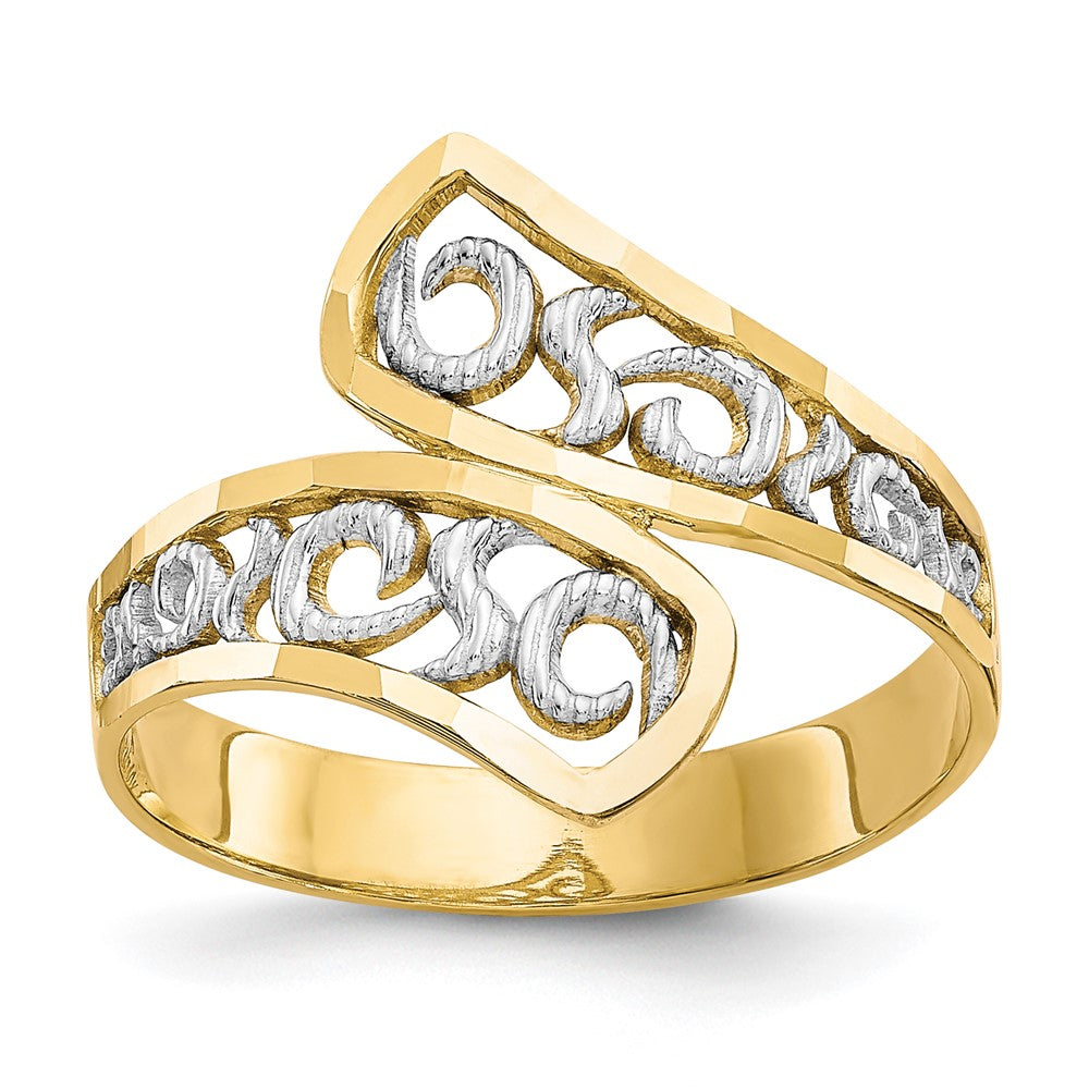 10k and White Rhodium Filigree Bypass Ring, Size 6