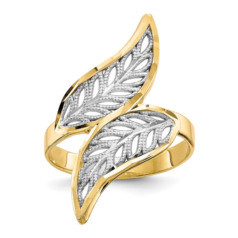 10K and White Rhodium Diamond-Cut Filigree Leaves Bypass Ring, Size 6