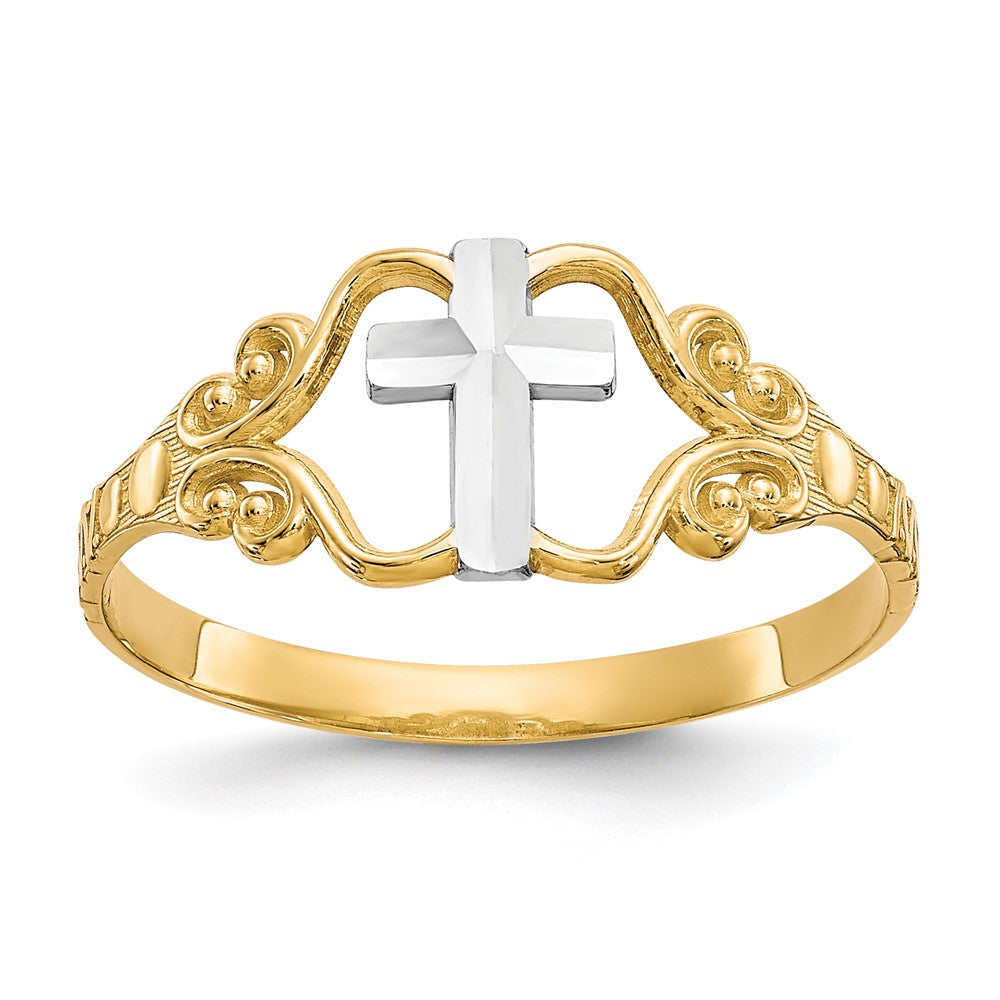 10k and White Rhodium Polished Cross Ring, Size 6