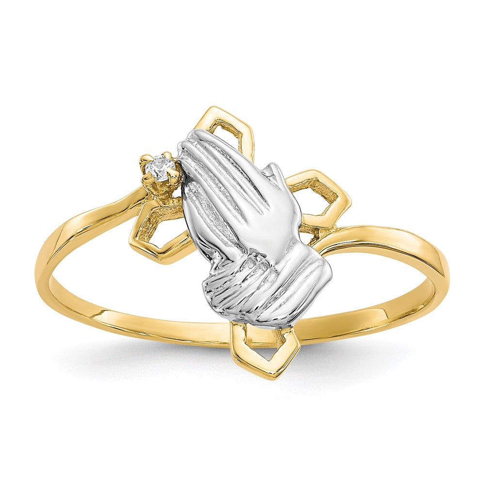 10k and White Rhodium Praying Hands CZ with Cross Ring, Size 6