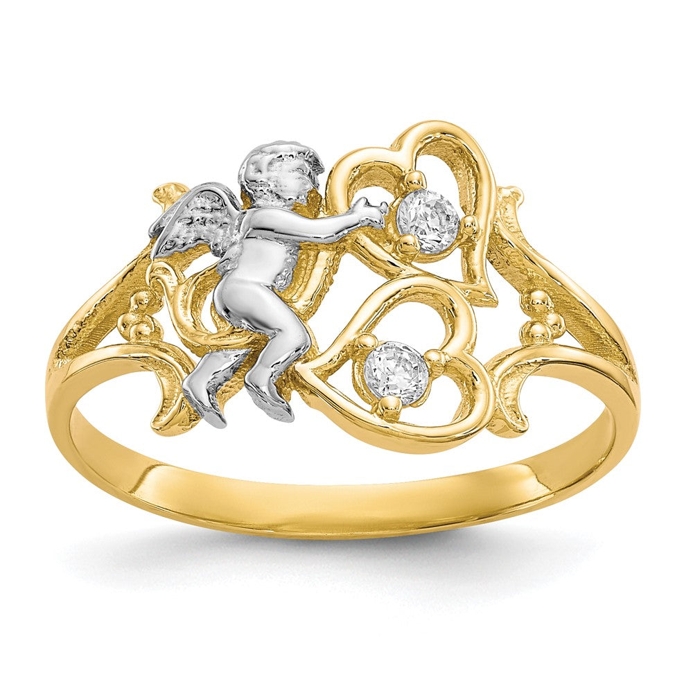 10k and White Rhodium CZ Angel with Hearts Ring, Size 6