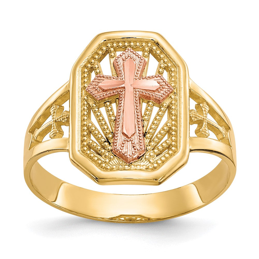 10k Two-tone Filigree Cross Ring, Size 6