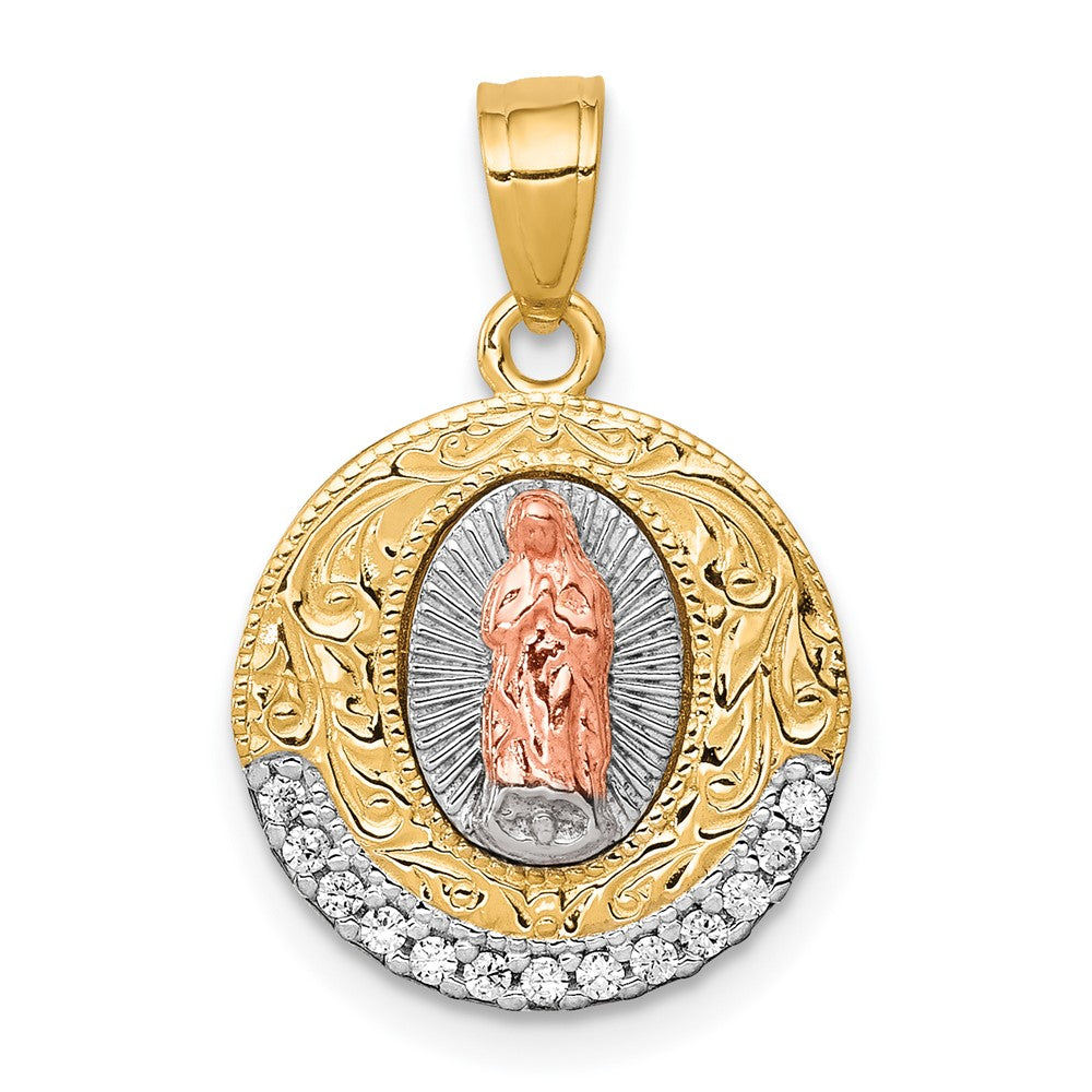 10K Two-Tone and White Rhodium CZ Round Our Lady Of Guadalupe Pendant, 20.9 mm