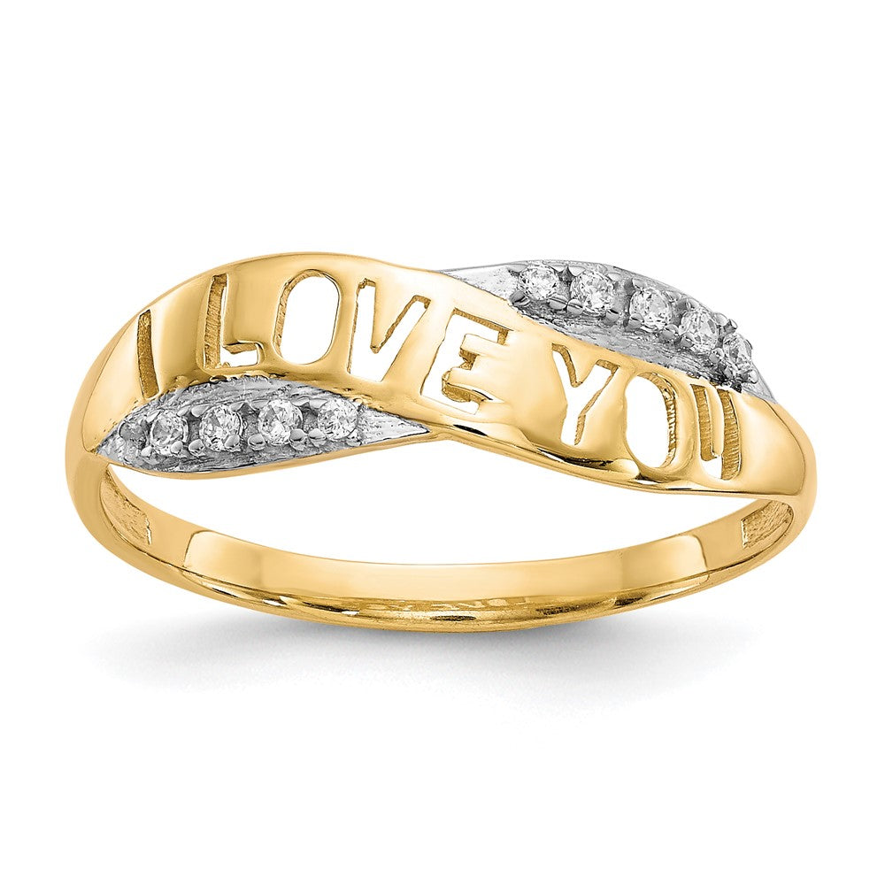 10K and White Rhodium CZ I LOVE YOU Ring, Size 6