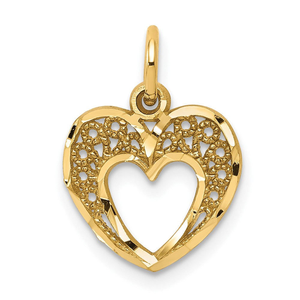 10k Diamond-cut Filigree Heart Charm, 16 x 11 mm