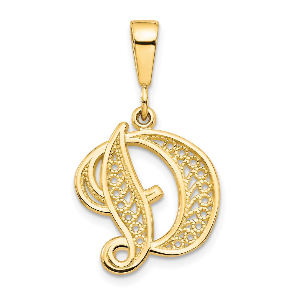 10k Large Filigree Initial D Pendant, 25 x 16 mm