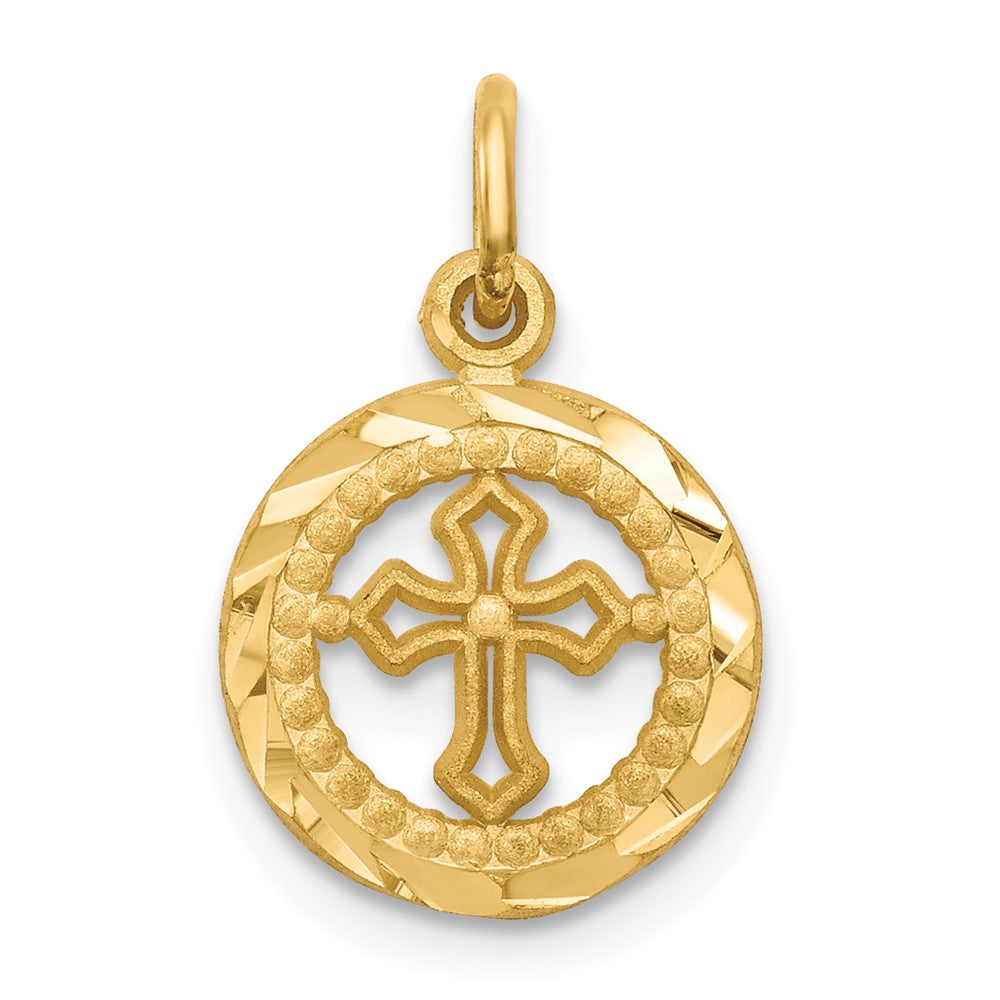 10K Polished Border Eternal Life Small Cross in Circle Pendant, 17 x 11 mm