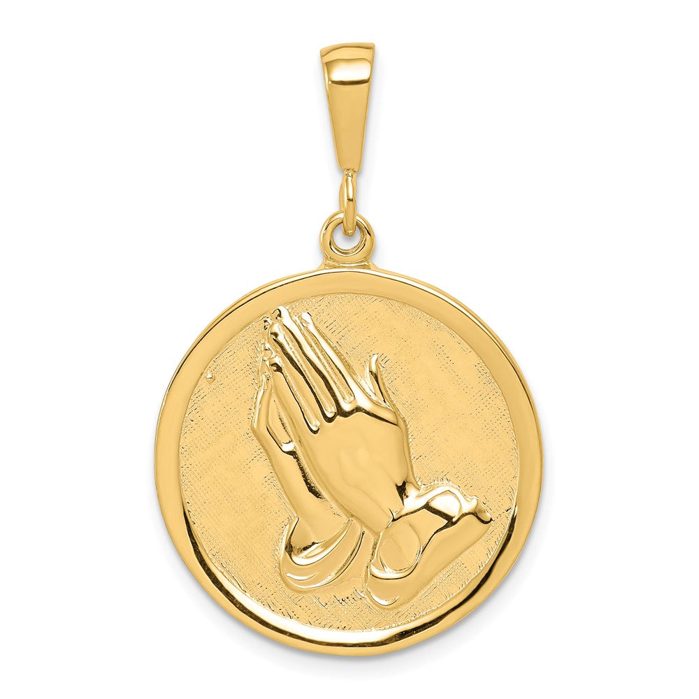 10k Praying Hands Reversible with Serenity Prayer Round Pendant, 35 x 22 mm