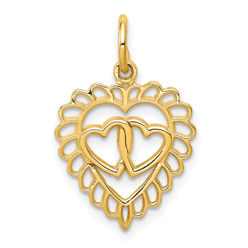 10k Scalloped Edge with Two Hearts Inside Heart Charm, 20 x 10 mm
