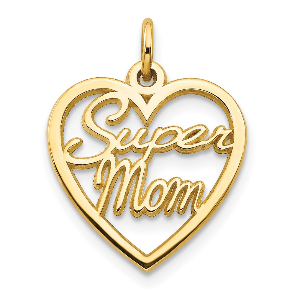 10K SUPER MOM in Heart Charm, 20 x 16 mm