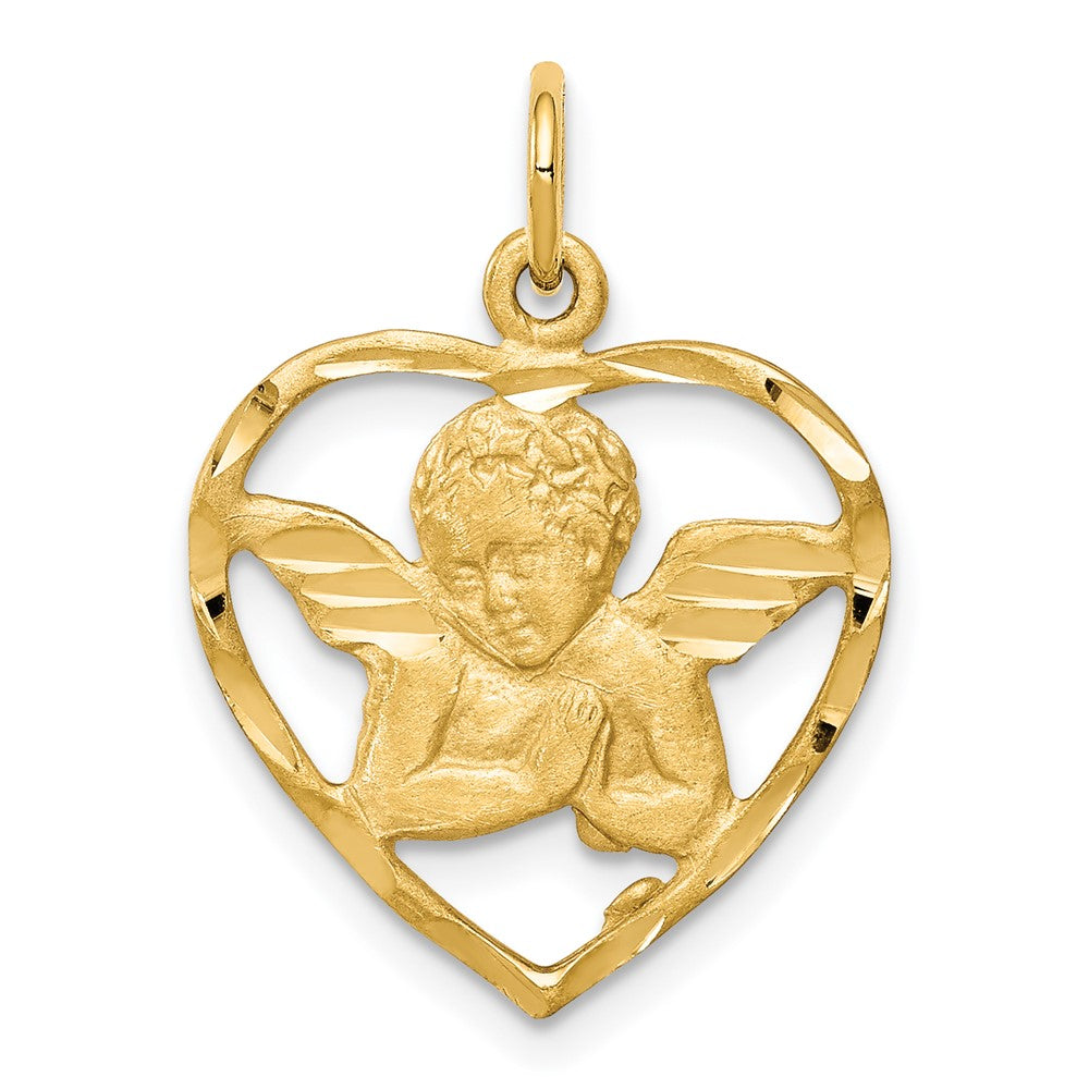 10K Satin Diamond-cut Angel in Heart Charm, 25 x 21 mm