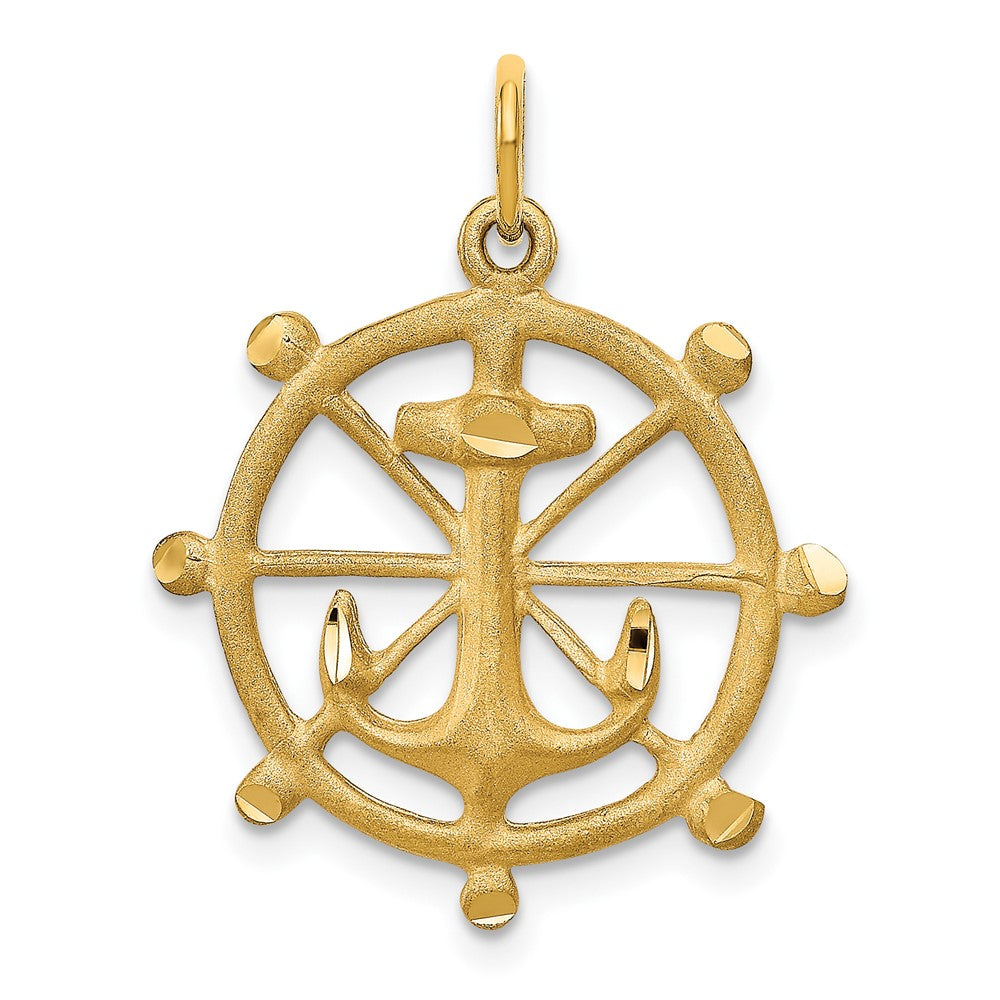 10k Satin Diamond-cut Anchor in Ships Wheel Charm, 26 x 21 mm