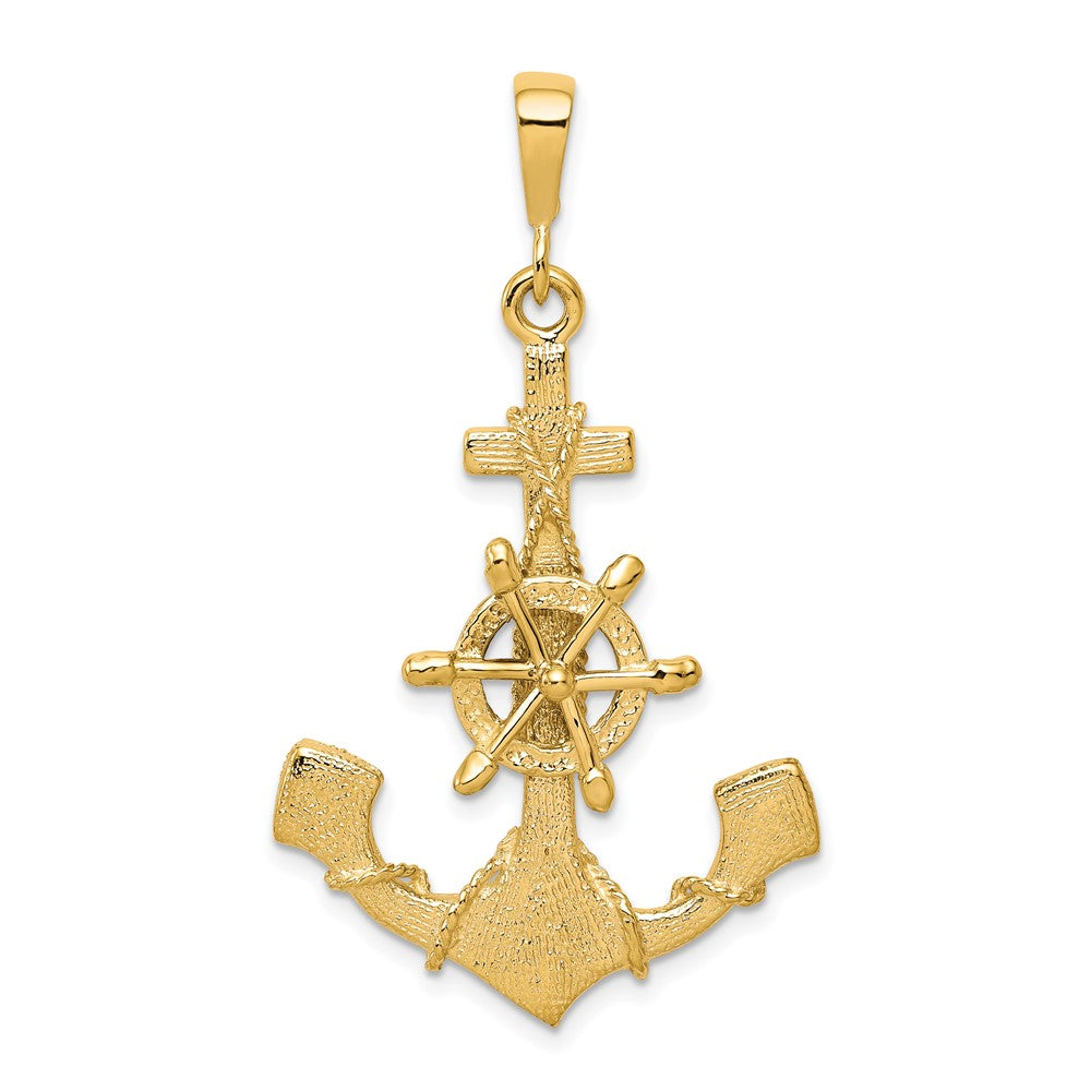 10k Large Moveable Ships Wheel on Anchor Pendant, 45 x 26 mm