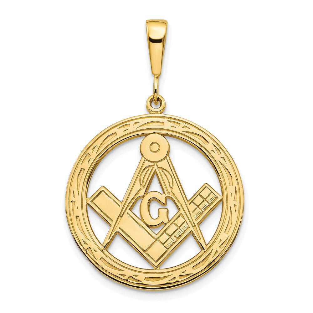 10k Polished and Textured Large Masonic Symbol in Circle Pendant, 35 x 23 mm