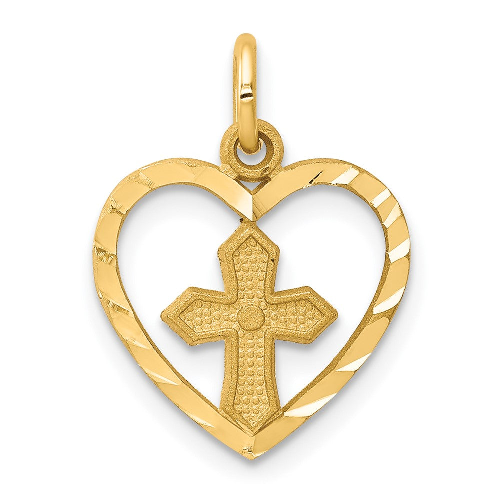 10k Cross in Heart Charm, 18 x 13 mm