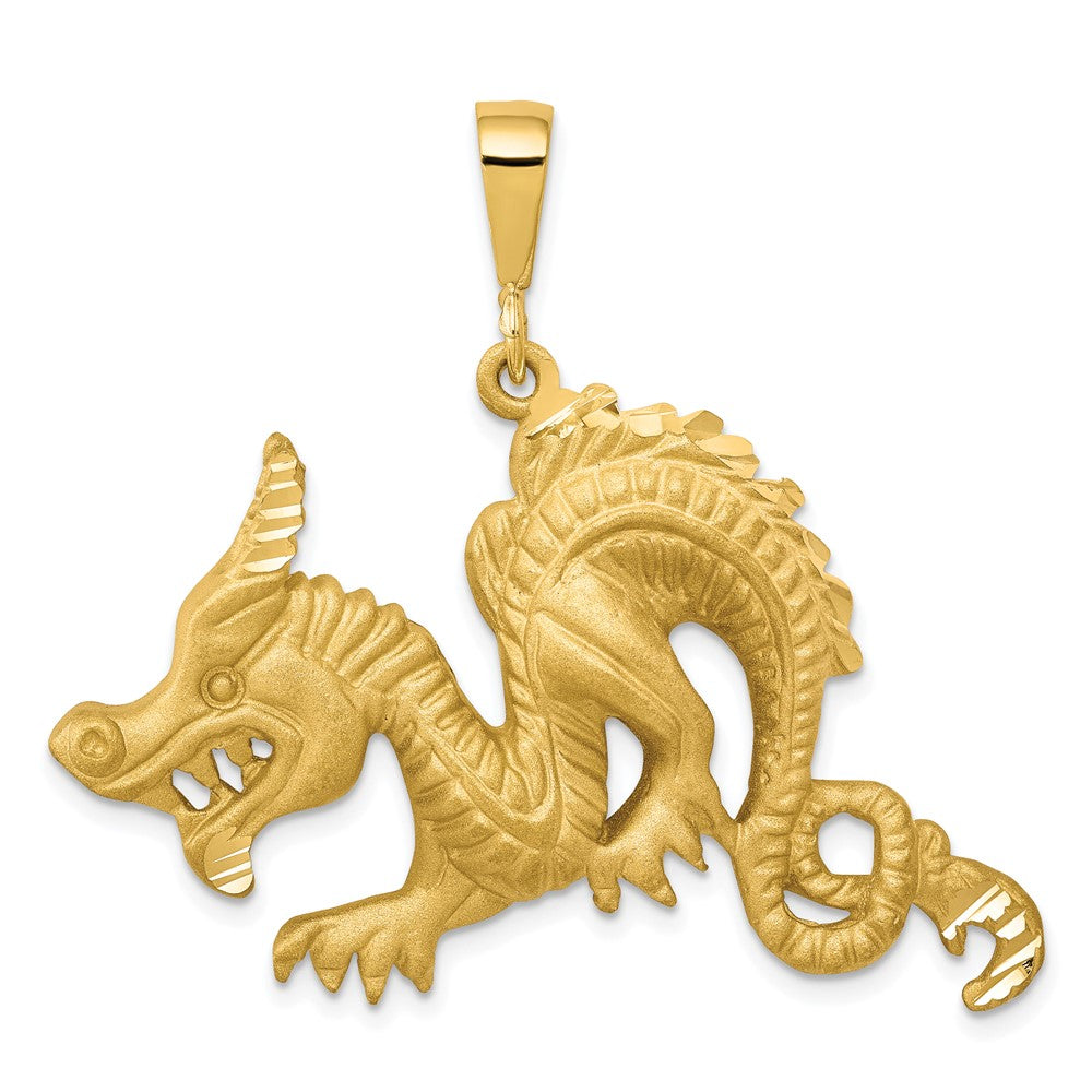 10k Large Satin Diamond-cut Dragon Pendant, 35 x 40 mm