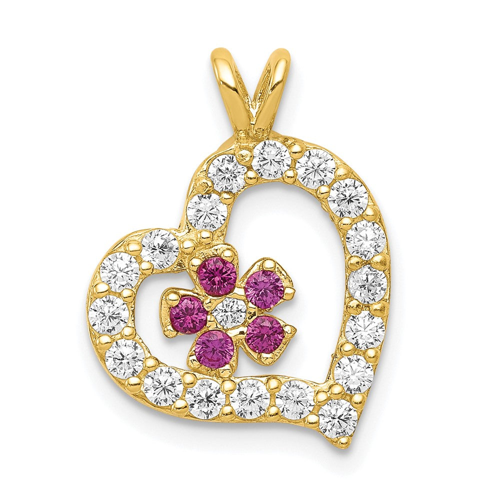 10k Red and Clear CZ Heart and Flower Pendant, 21 x 10 mm