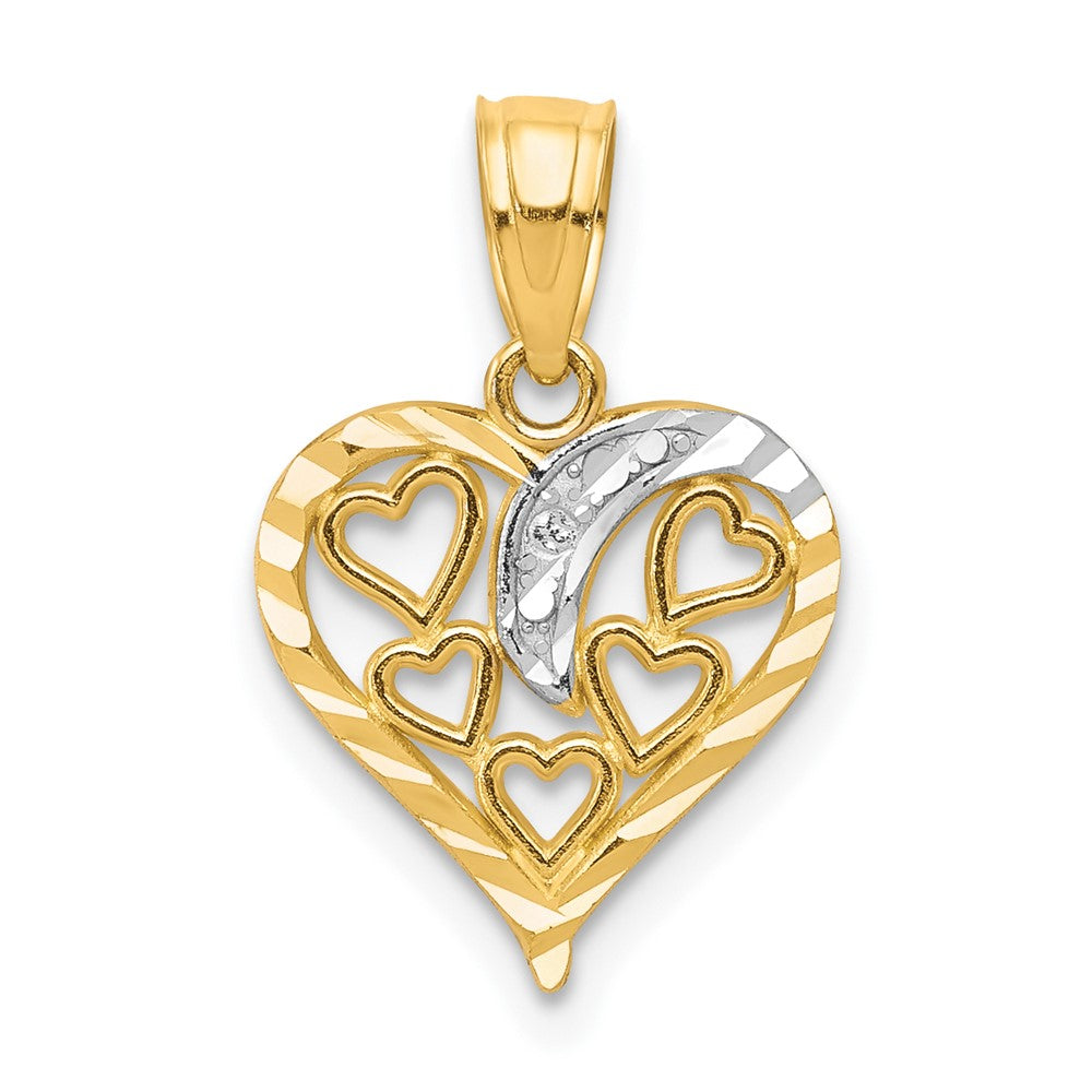 10K and White Rhodium Diamond-cut Hearts in Heart Charm, 16 x 16 mm