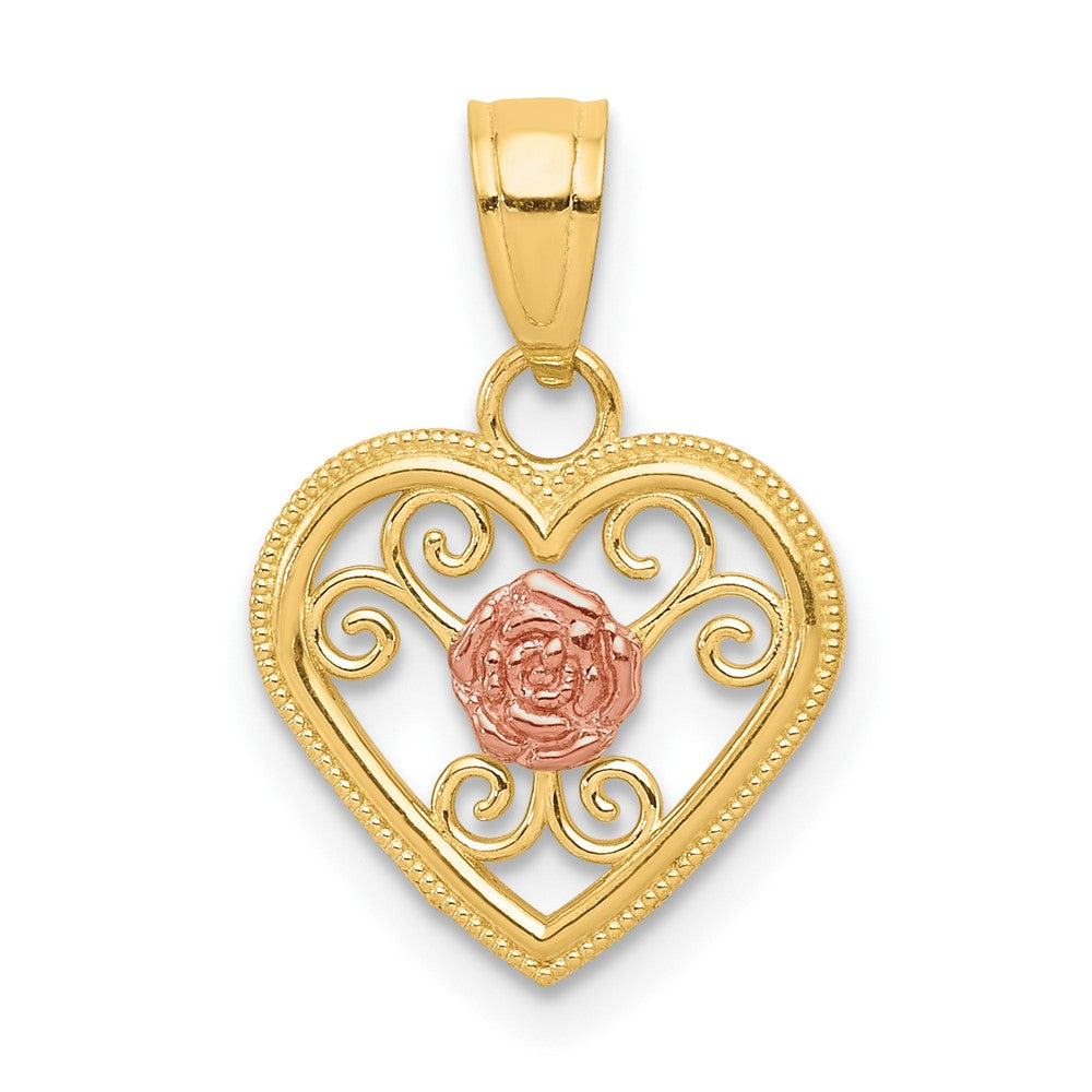 10k Two-tone Flower in Small Heart Charm, 15 x 10 mm