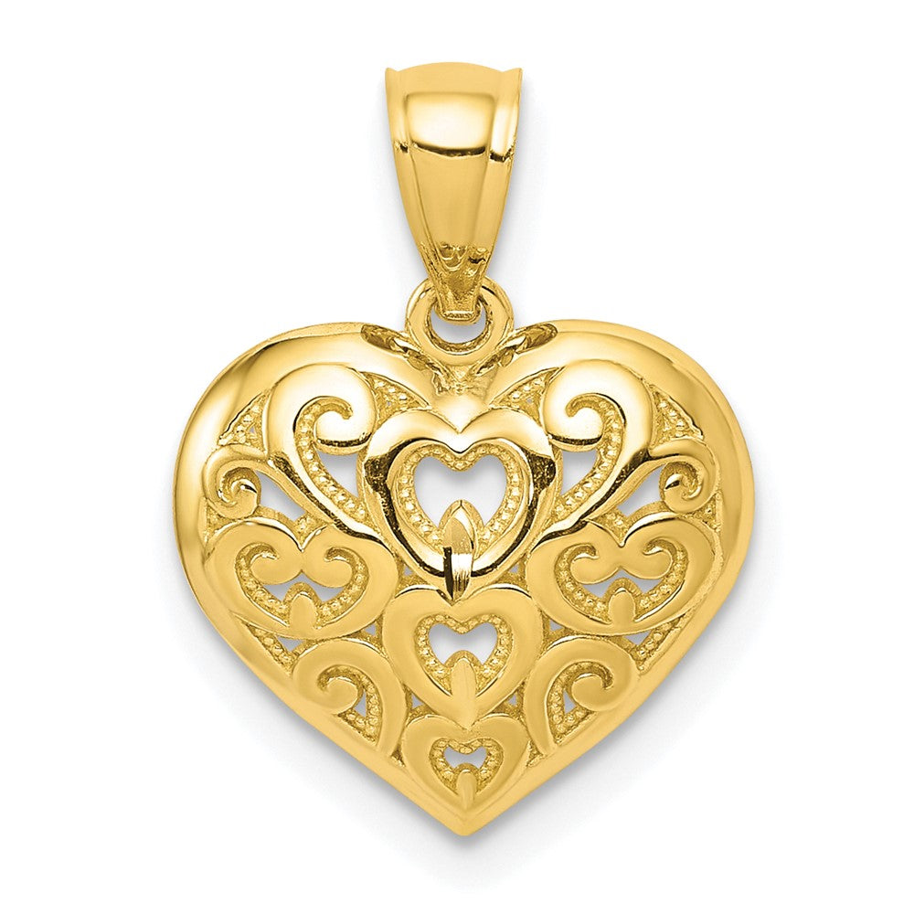 10k Diamond-Cut Filigree Heart Charm, 17 x 12 mm