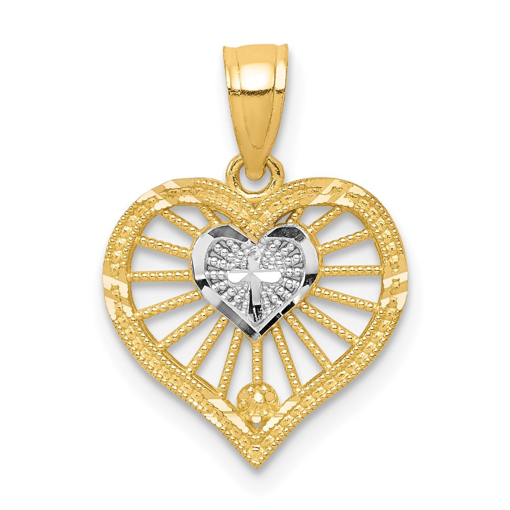 10K and White Rhodium Heart with Tiny Cross Charm, 15 x 12 mm